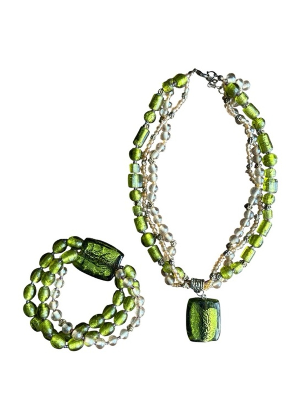 ⭐️ Green Beaded Necklace & Bracelet Set- costume jewelry